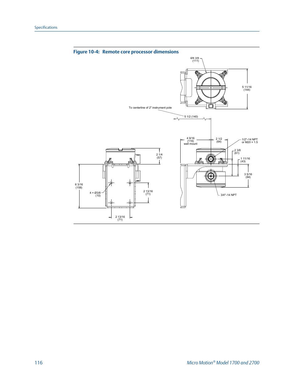 Remote core processor dimensions figure 10-4, 116 micro motion | Emerson MICRO MOTION 1700 User Manual | Page 120 / 124