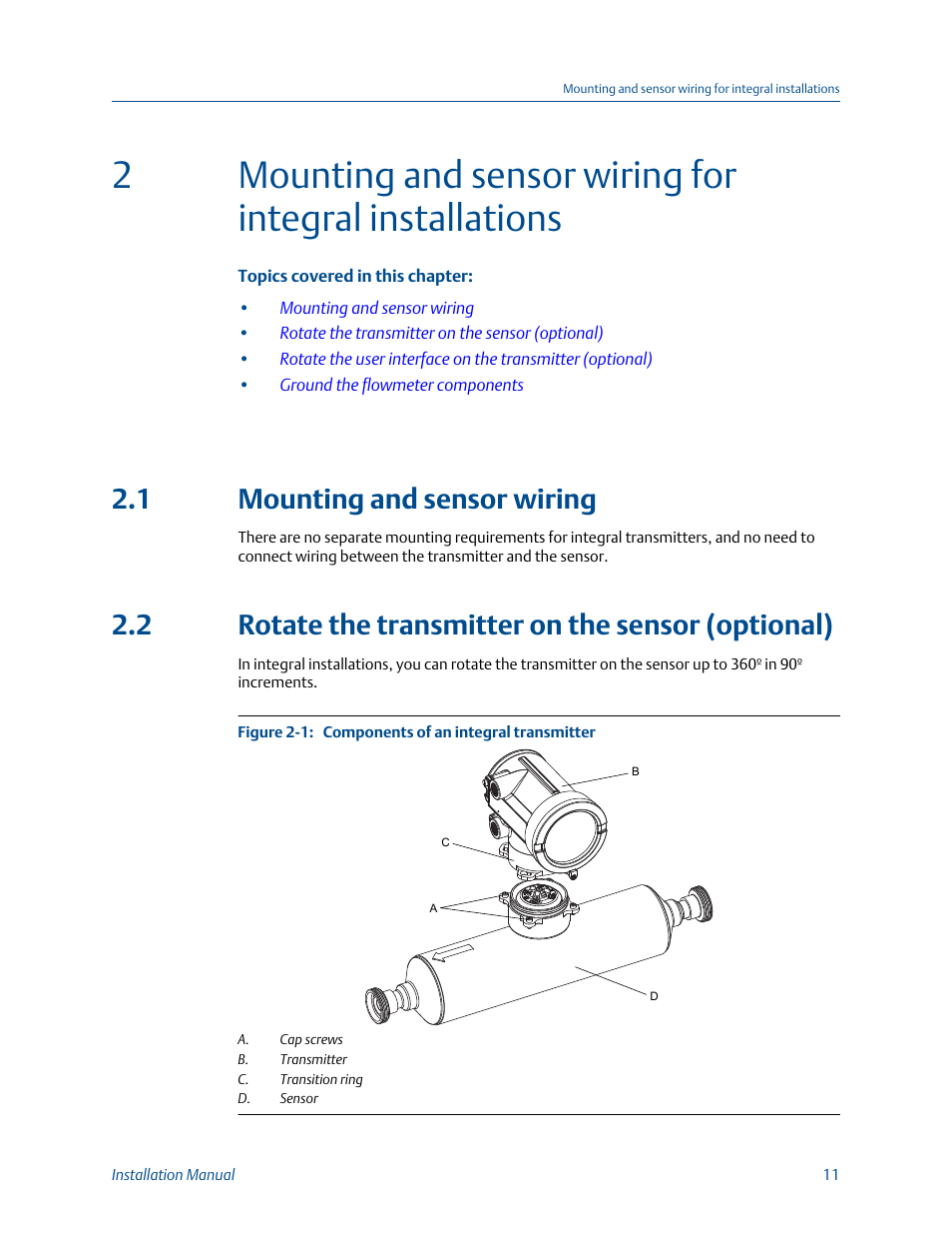 Mounting and sensor wiring, Rotate the transmitter on the sensor (optional), Chapter 2 | 1 mounting and sensor wiring, 2 rotate the transmitter on the sensor (optional) | Emerson MICRO MOTION 1700 User Manual | Page 15 / 124