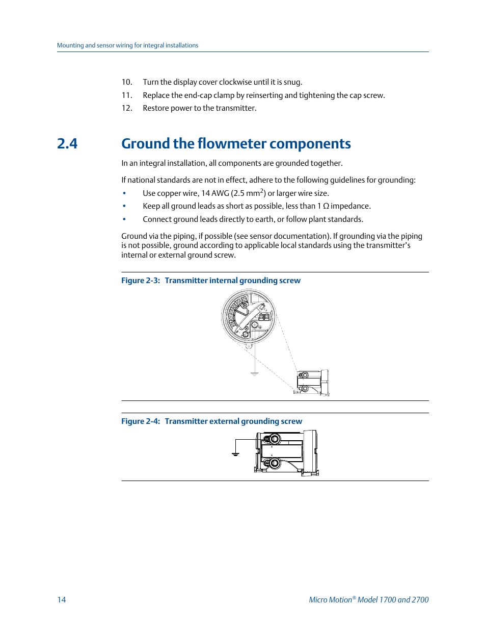 Ground the flowmeter components, 4 ground the flowmeter components | Emerson MICRO MOTION 1700 User Manual | Page 18 / 124