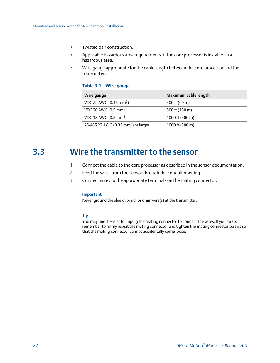 Wire the transmitter to the sensor, 3 wire the transmitter to the sensor | Emerson MICRO MOTION 1700 User Manual | Page 26 / 124