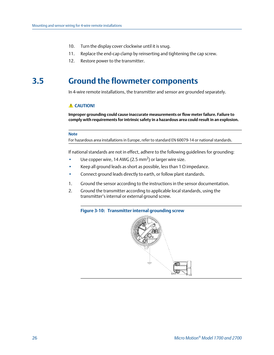 Ground the flowmeter components, 5 ground the flowmeter components | Emerson MICRO MOTION 1700 User Manual | Page 30 / 124