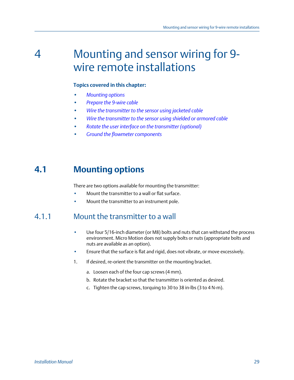 Mounting options, Mount the transmitter to a wall, Chapter 4 | 1 mounting options, 1 mount the transmitter to a wall | Emerson MICRO MOTION 1700 User Manual | Page 33 / 124