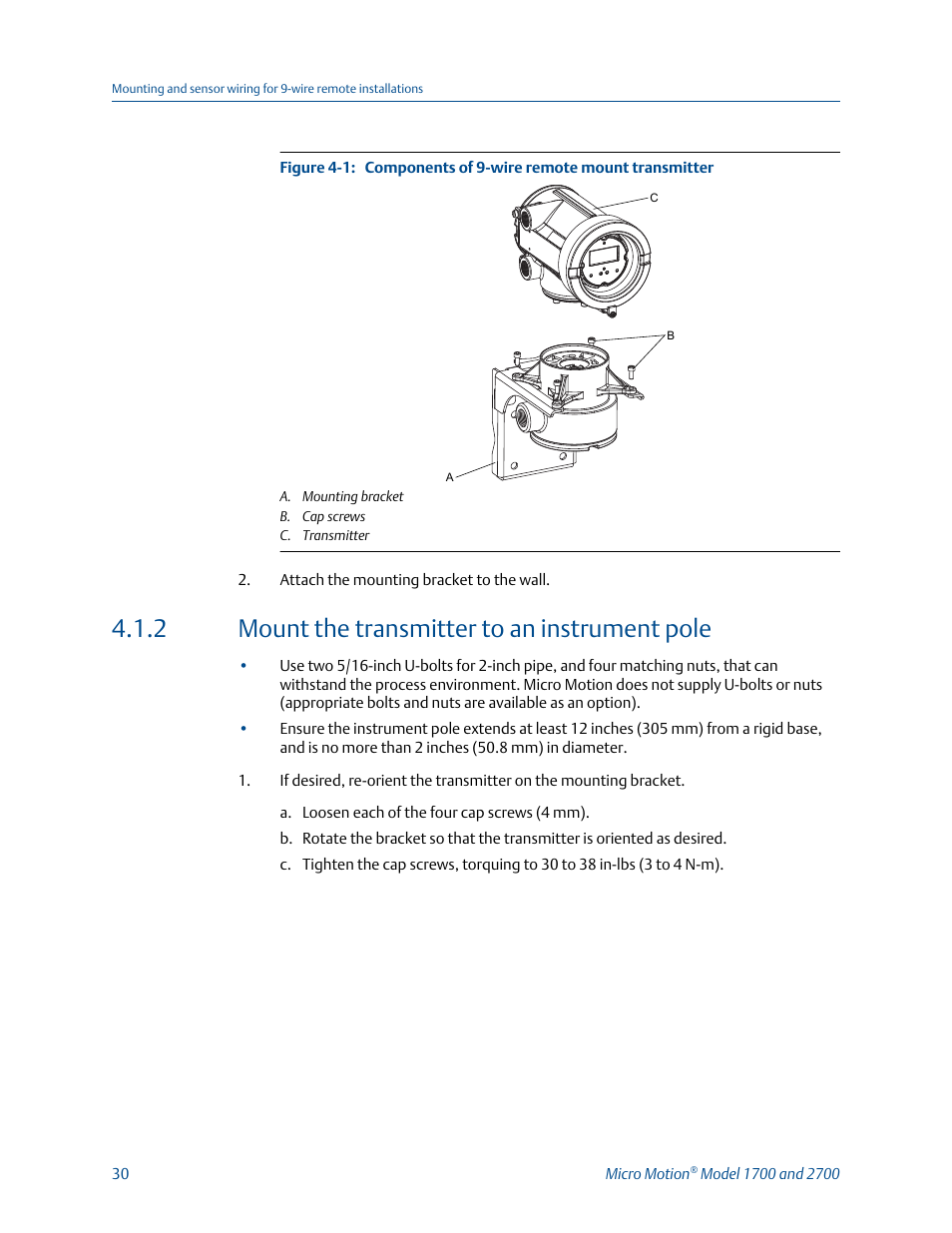 Mount the transmitter to an instrument pole, 2 mount the transmitter to an instrument pole | Emerson MICRO MOTION 1700 User Manual | Page 34 / 124