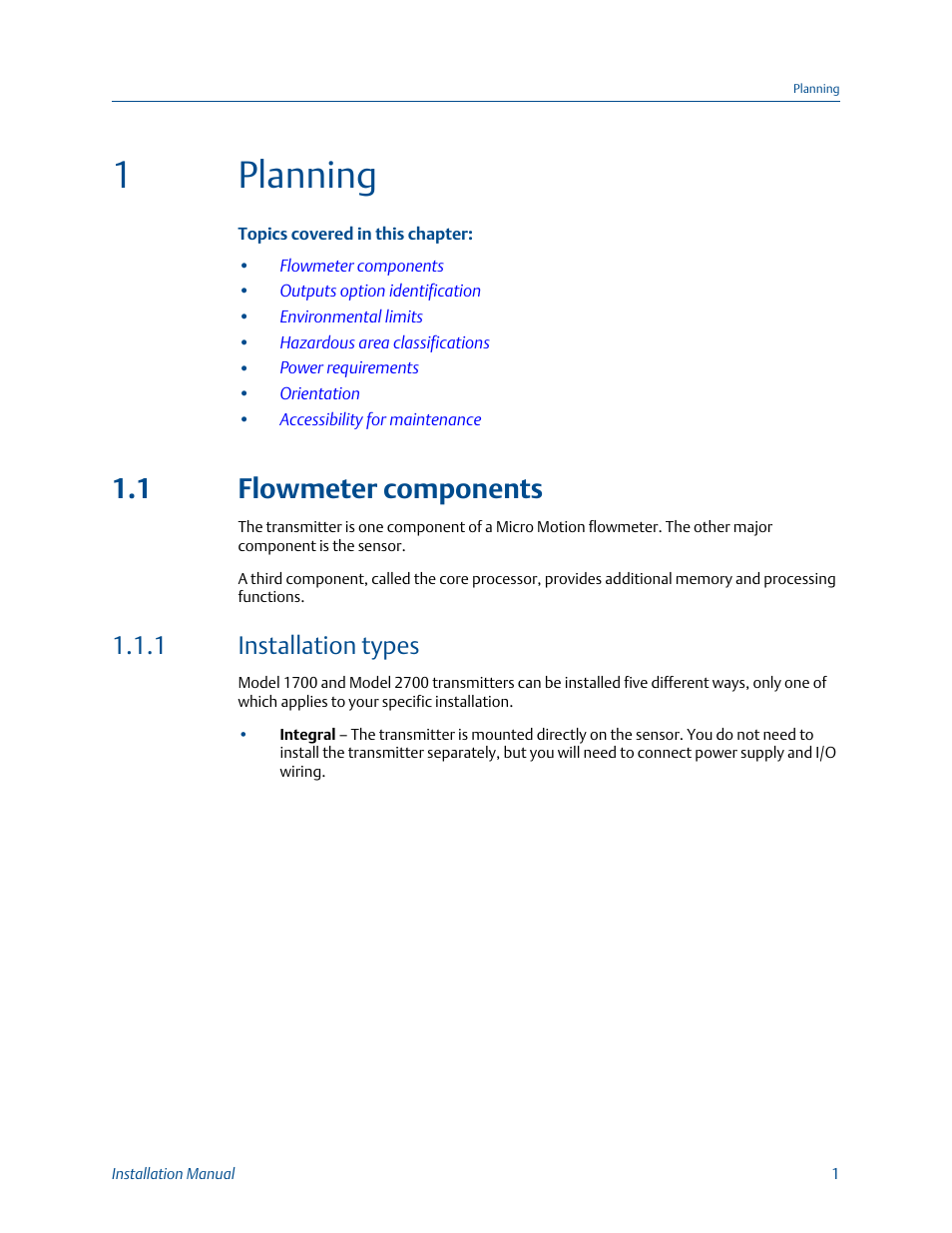 Planning, Flowmeter components, Installation types | Chapter 1, 1planning, 1 flowmeter components, 1 installation types | Emerson MICRO MOTION 1700 User Manual | Page 5 / 124