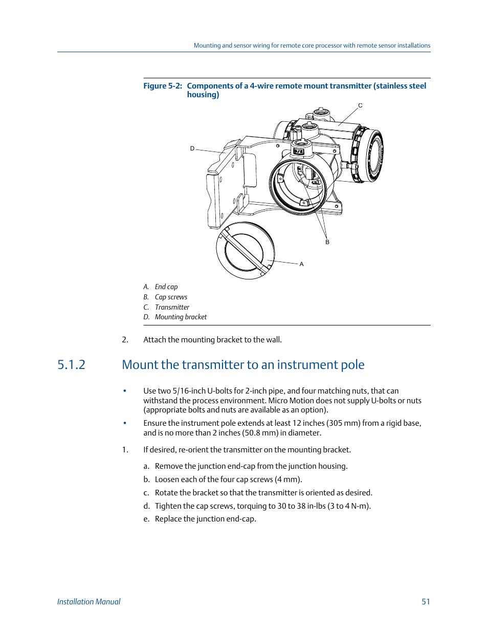 Mount the transmitter to an instrument pole, 2 mount the transmitter to an instrument pole | Emerson MICRO MOTION 1700 User Manual | Page 55 / 124