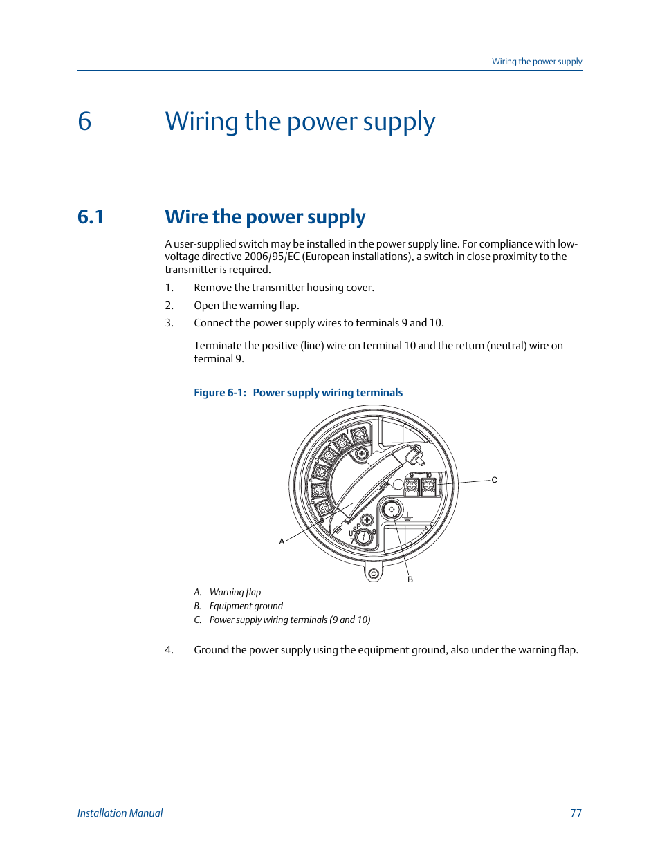 Wiring the power supply, Wire the power supply, Chapter 6 | 6wiring the power supply, 1 wire the power supply | Emerson MICRO MOTION 1700 User Manual | Page 81 / 124