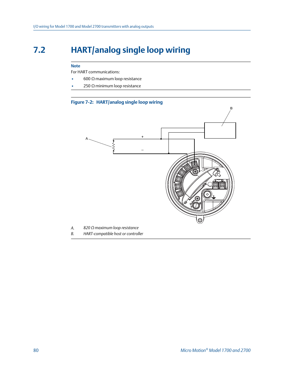 Hart/analog single loop wiring, 2 hart/analog single loop wiring | Emerson MICRO MOTION 1700 User Manual | Page 84 / 124