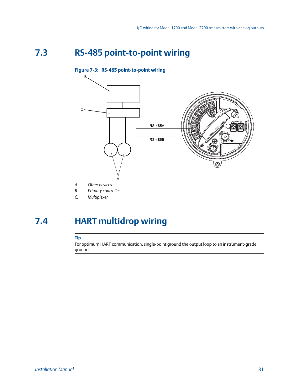 Rs-485 point-to-point wiring, Hart multidrop wiring, 3 rs-485 point-to-point wiring | 4 hart multidrop wiring | Emerson MICRO MOTION 1700 User Manual | Page 85 / 124