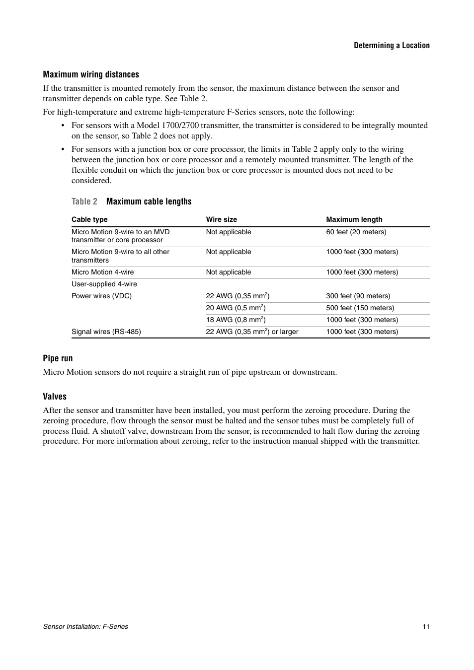 Maximum wiring distances, Pipe run, Valves | Emerson MICRO MOTION F-SERIES SENSOR User Manual | Page 13 / 26