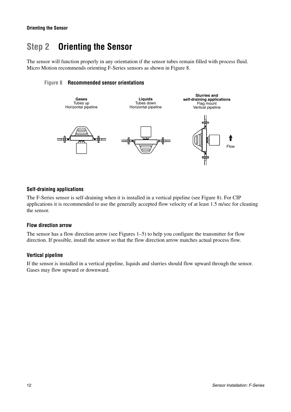 Orienting the sensor, Self-draining applications, Flow direction arrow | Vertical pipeline, Step 2 orienting the sensor | Emerson MICRO MOTION F-SERIES SENSOR User Manual | Page 14 / 26