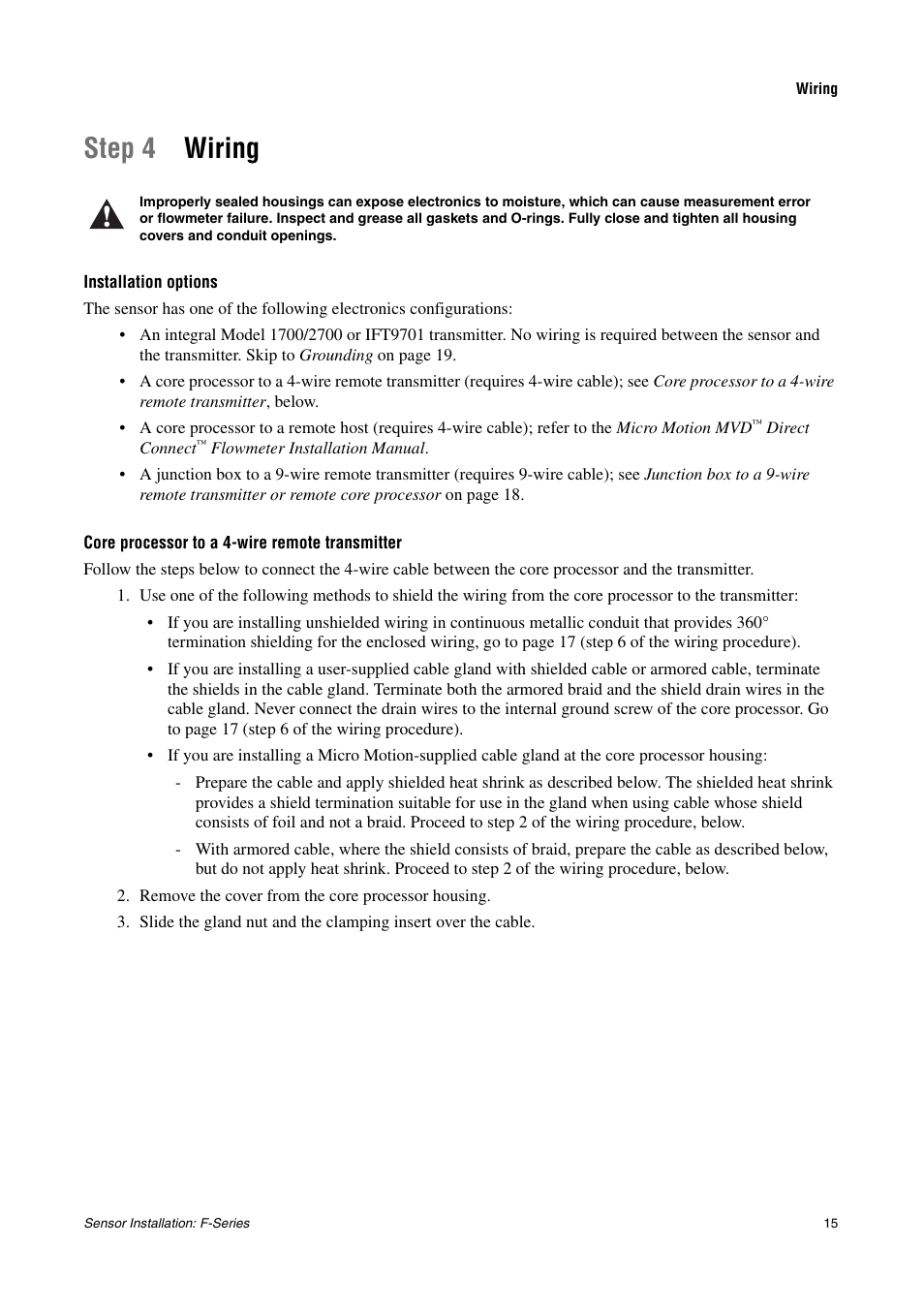 Wiring, Installation options, Core processor to a 4-wire remote transmitter | Step 4 wiring | Emerson MICRO MOTION F-SERIES SENSOR User Manual | Page 17 / 26