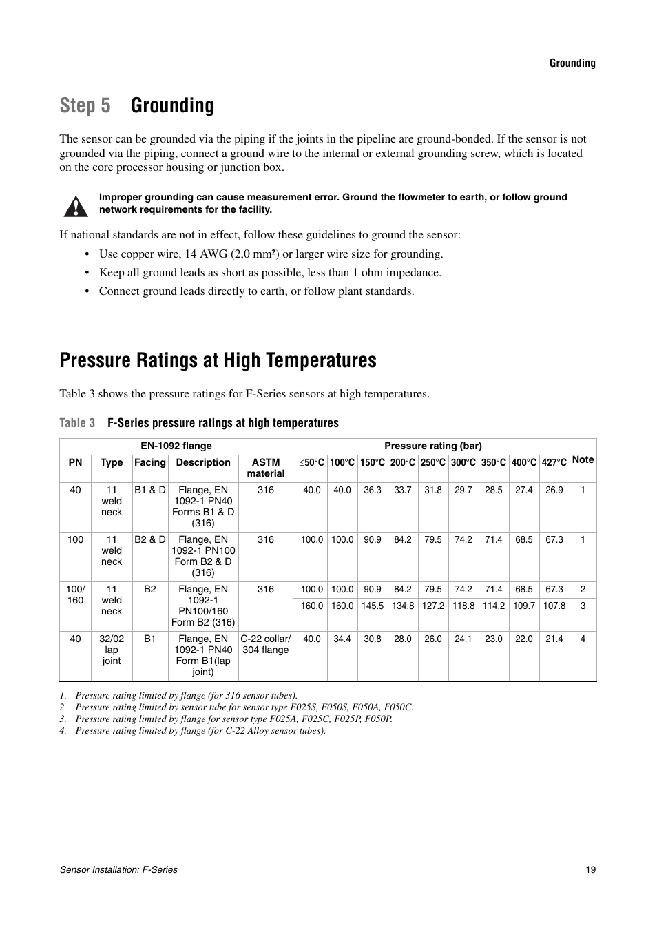 Grounding, Pressure ratings at high temperatures, Step 5 grounding | Emerson MICRO MOTION F-SERIES SENSOR User Manual | Page 21 / 26