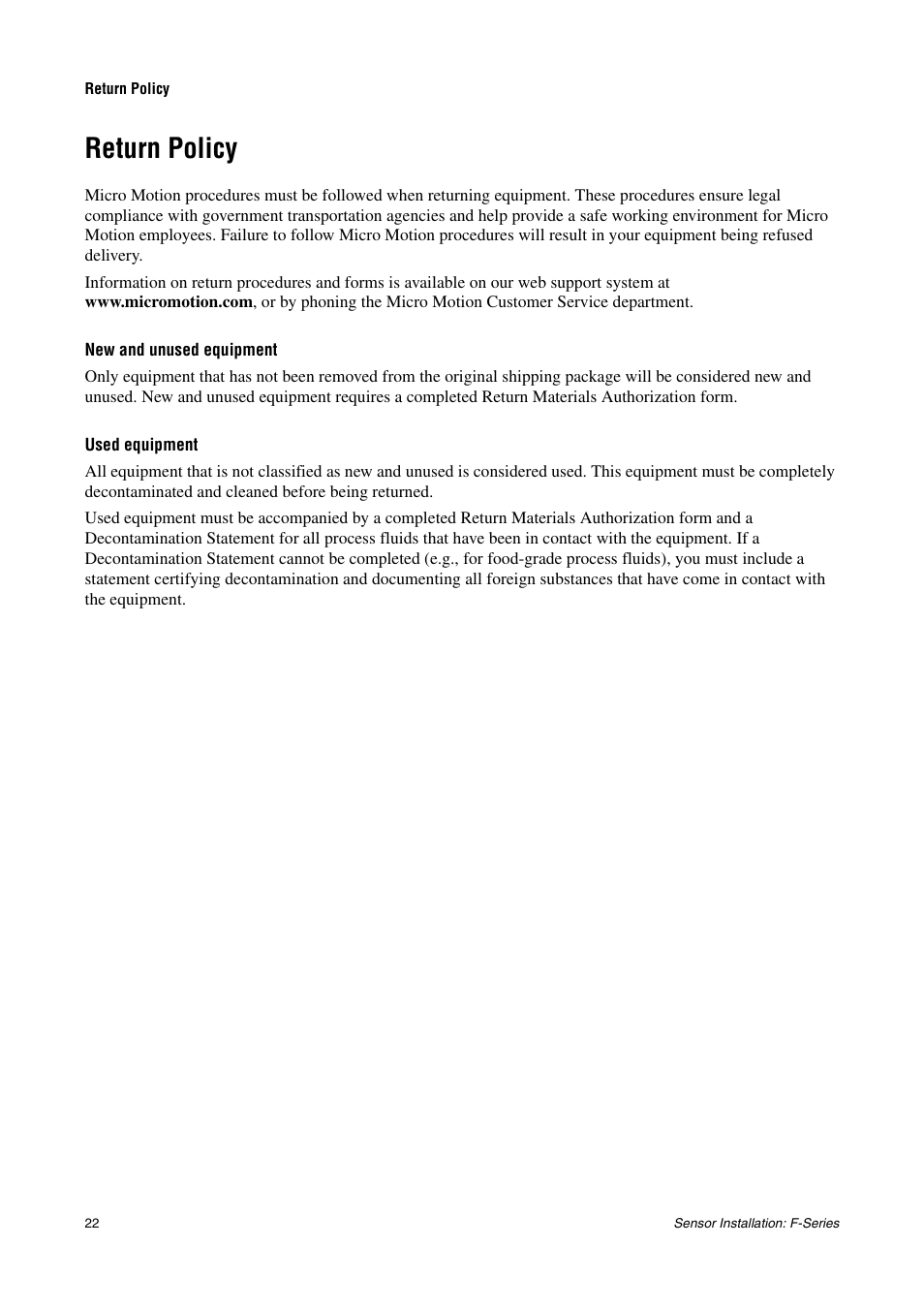 Return policy, New and unused equipment, Used equipment | Emerson MICRO MOTION F-SERIES SENSOR User Manual | Page 24 / 26