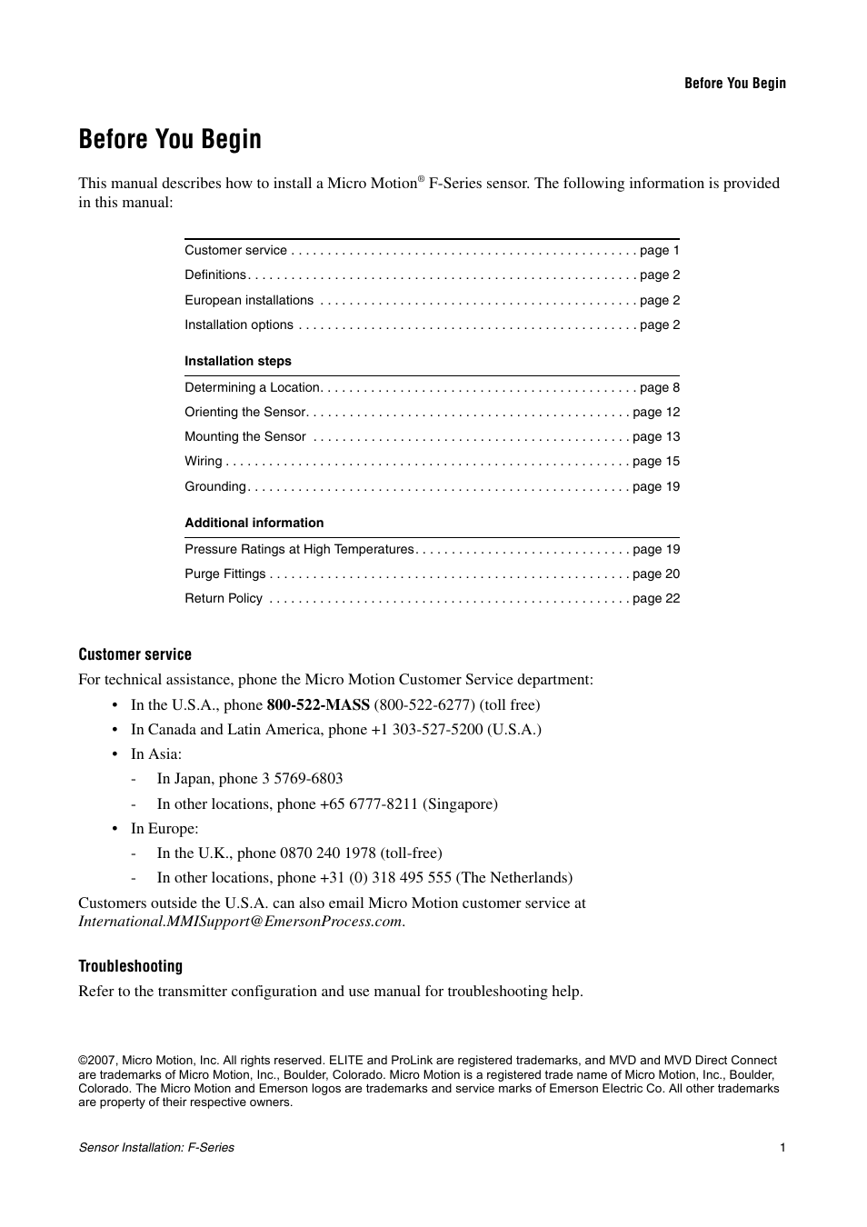 Before you begin, Customer service, Troubleshooting | Emerson MICRO MOTION F-SERIES SENSOR User Manual | Page 3 / 26