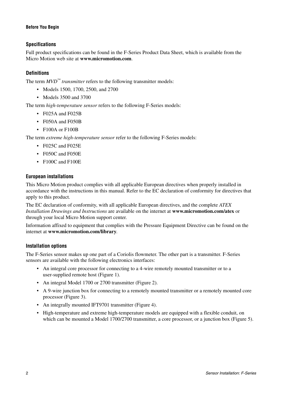 Specifications, Definitions, European installations | Installation options | Emerson MICRO MOTION F-SERIES SENSOR User Manual | Page 4 / 26