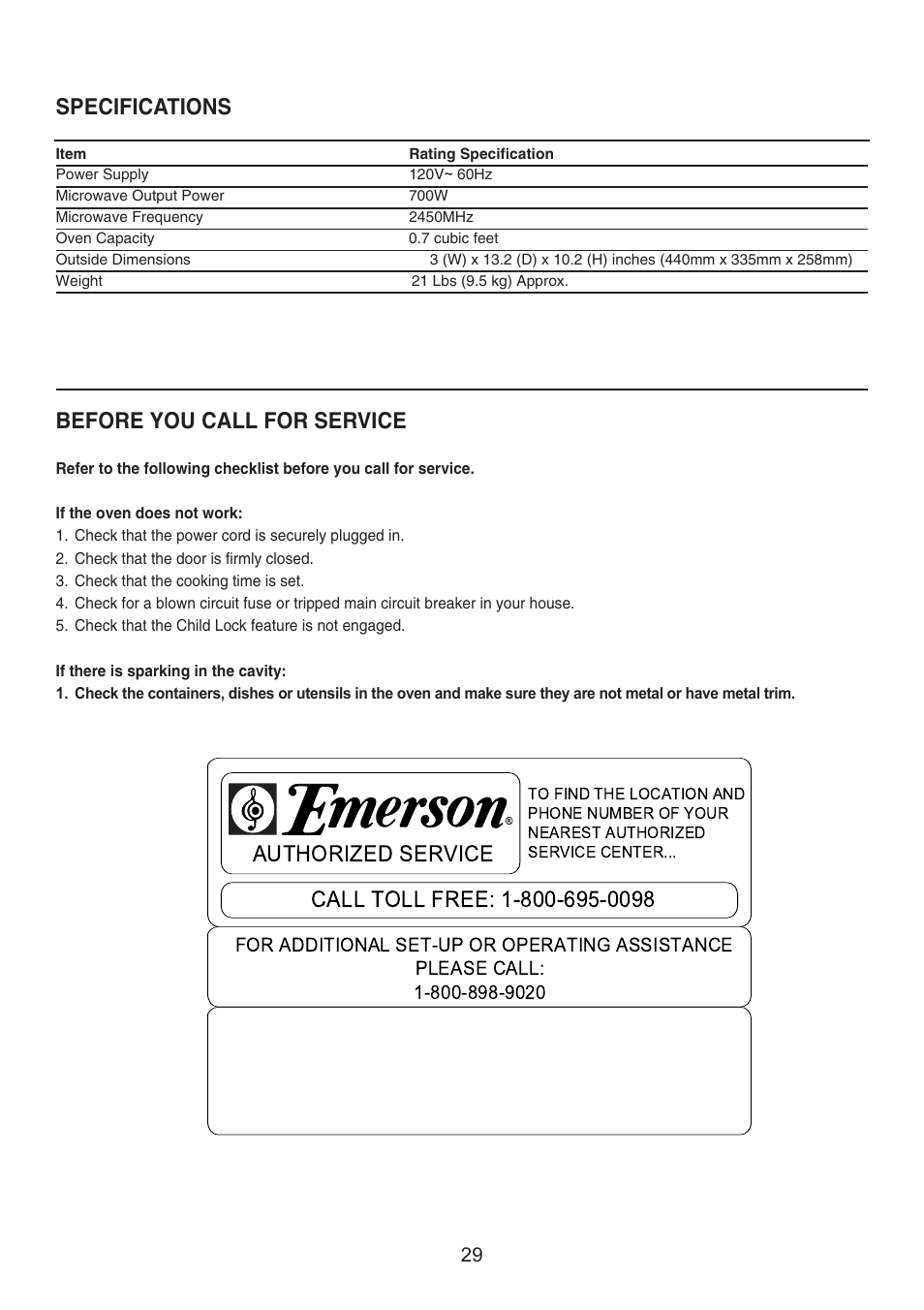 Specifications before you call for service | Emerson Radio MW7300W User Manual | Page 30 / 32