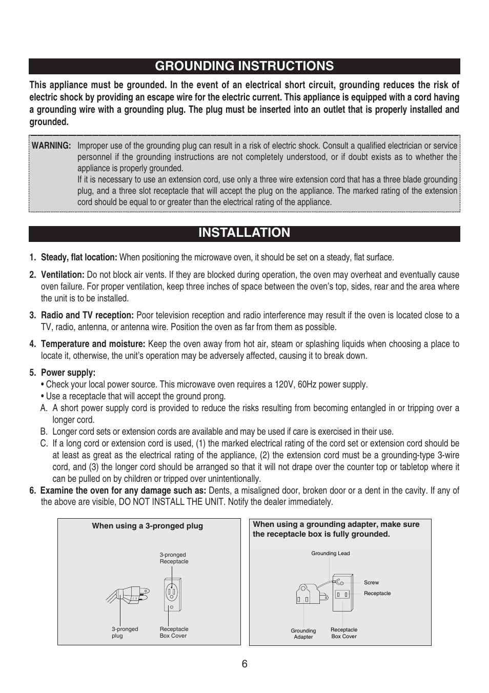 Grounding instructions installation | Emerson Radio MW7300W User Manual | Page 7 / 32