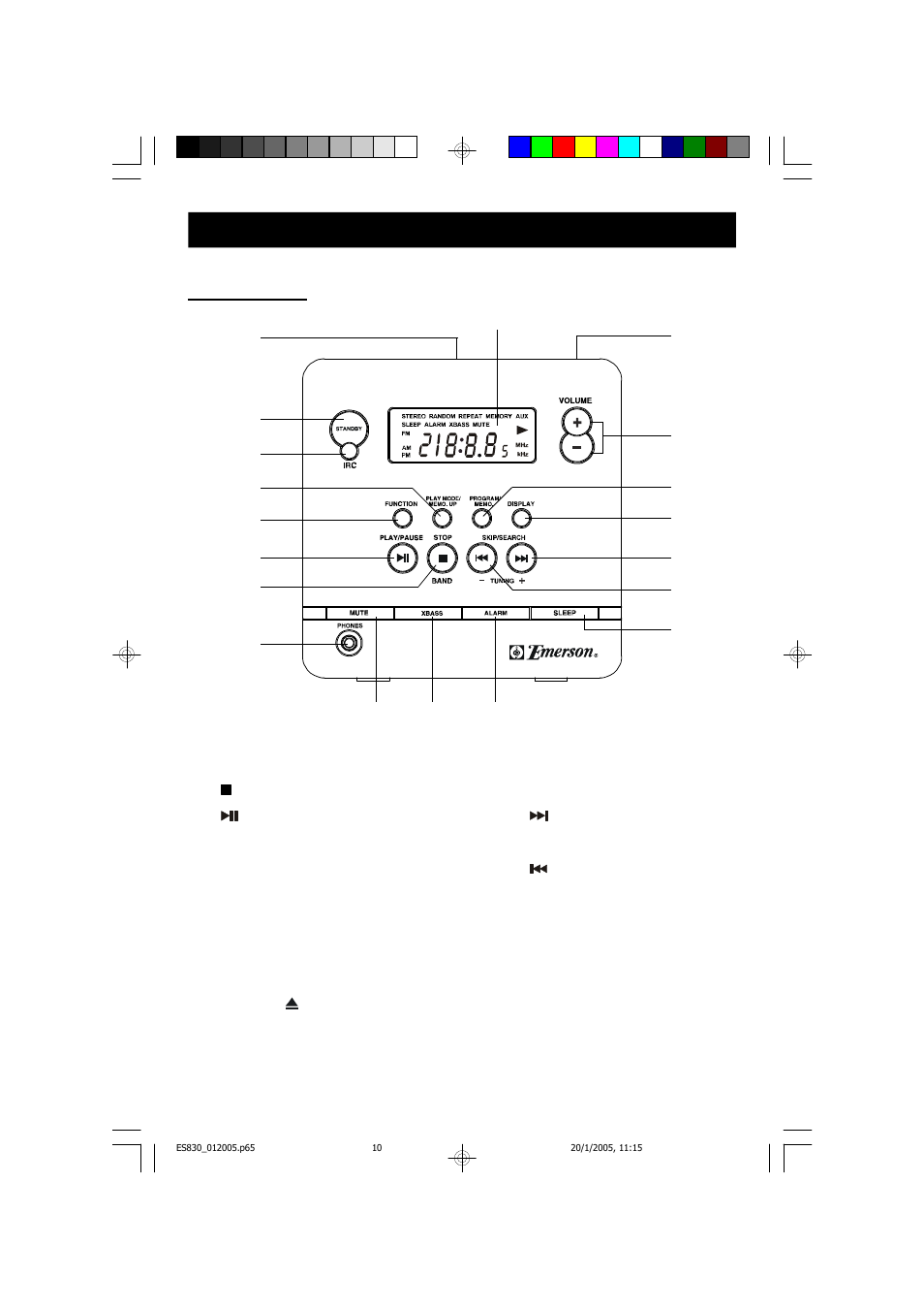 Location of controls and indicators, Front panel | Emerson Radio ES830 User Manual | Page 11 / 34