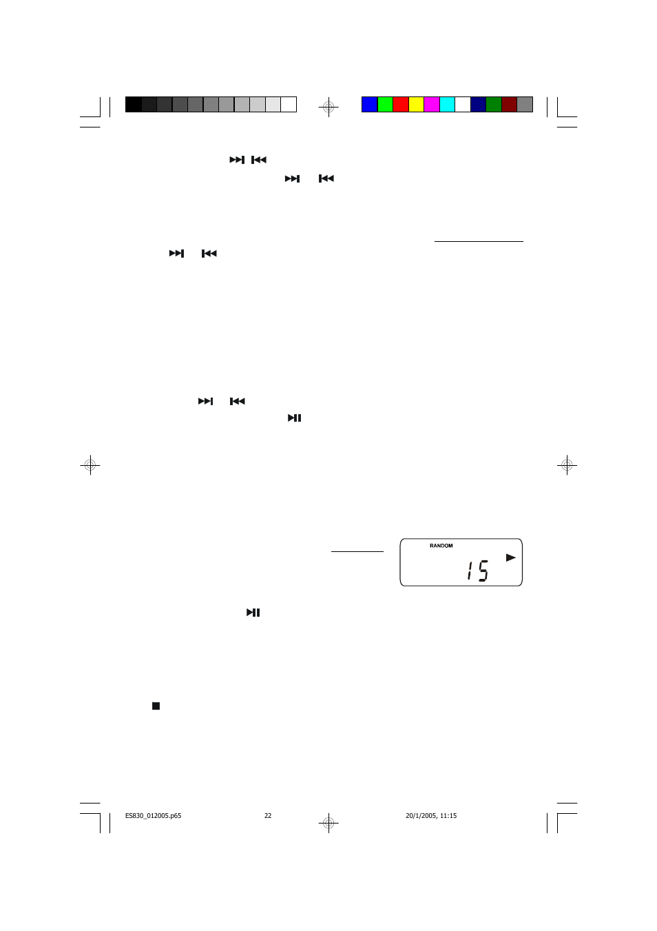 Skip/search ( / ) controls, Random playback | Emerson Radio ES830 User Manual | Page 23 / 34