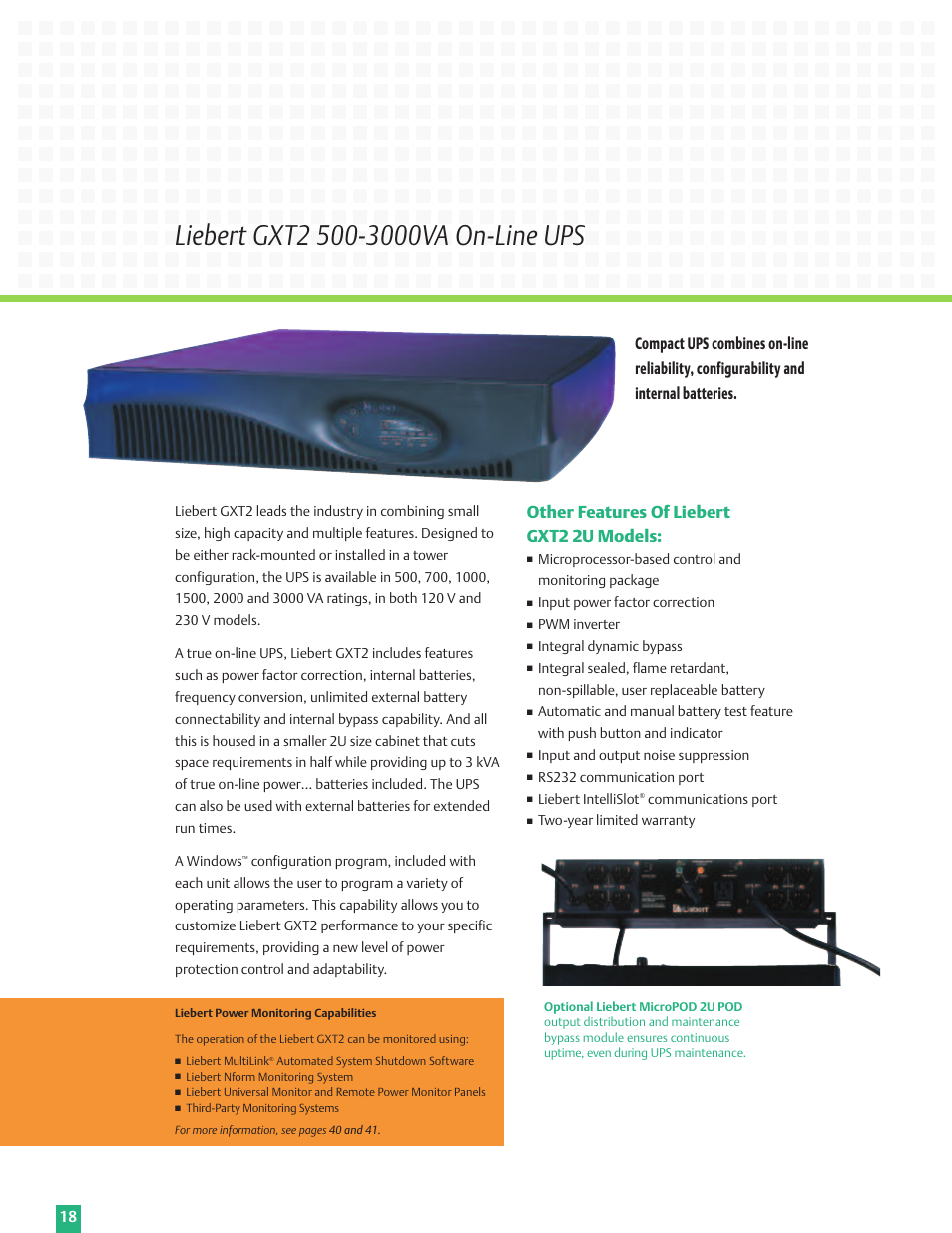 Other features of liebert gxt2 2u models | Emerson Liebert Power Solutions User Manual | Page 18 / 44