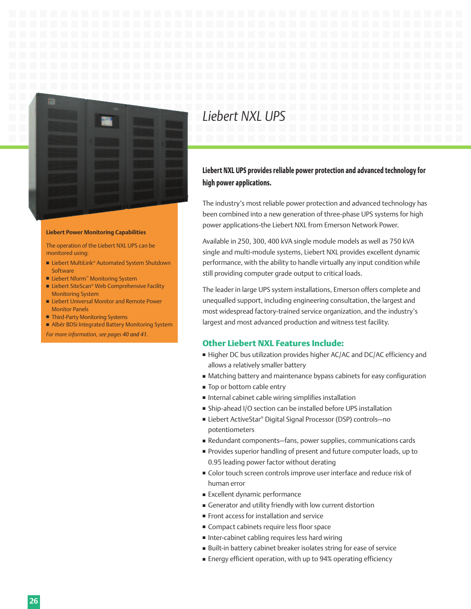Liebert nxl ups, Other liebert nxl features include | Emerson Liebert Power Solutions User Manual | Page 26 / 44