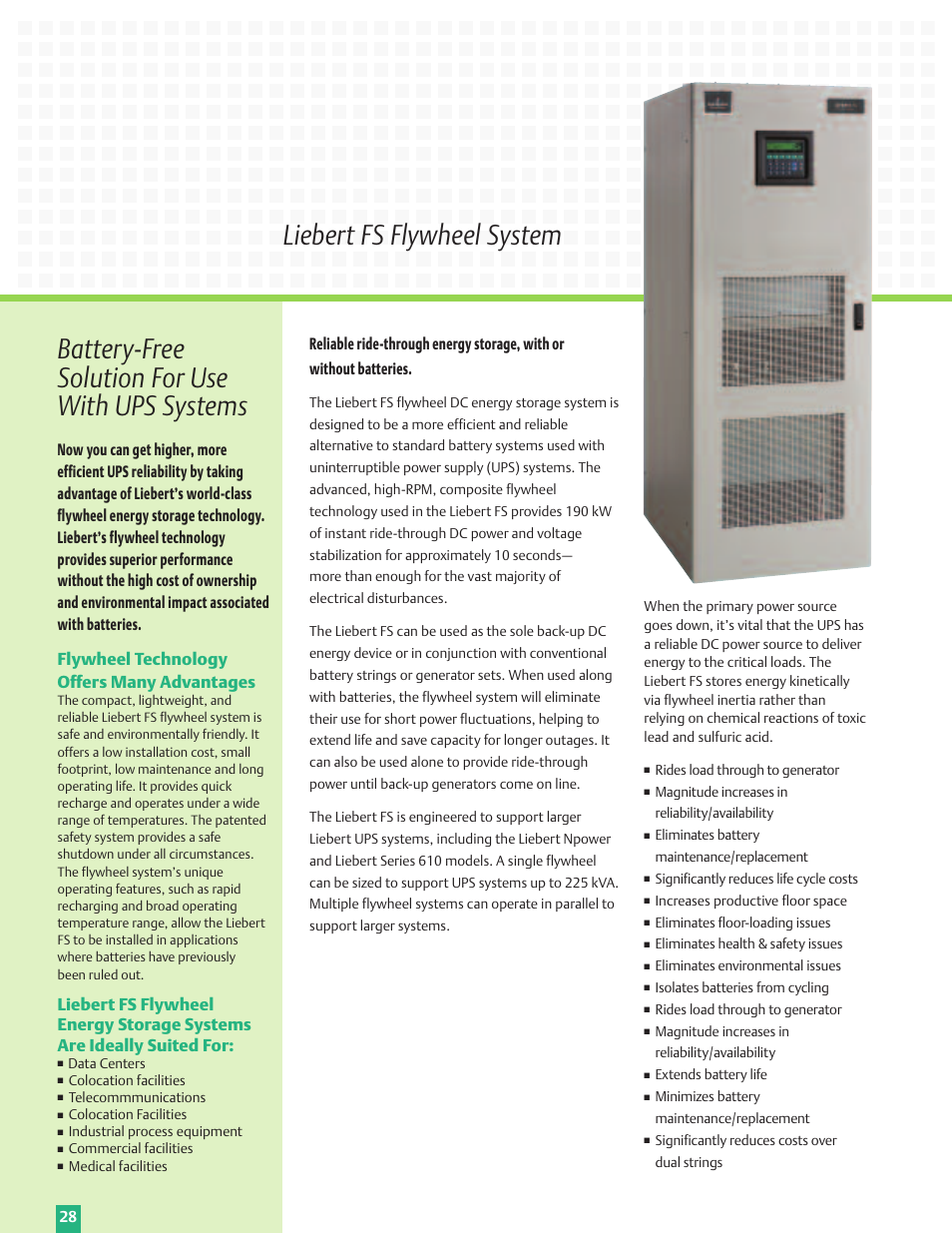 Battery-free solution for use with ups systems, Liebert fs flywheel system, Flywheel technology offers many advantages | Emerson Liebert Power Solutions User Manual | Page 28 / 44