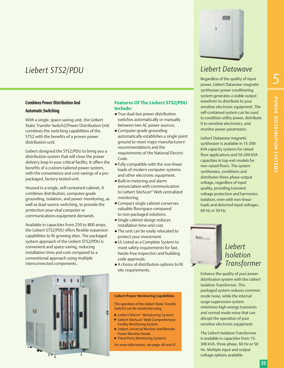 Liebert sts2/pdu, Liebert datawave, Liebert isolation transformer | Emerson Liebert Power Solutions User Manual | Page 35 / 44