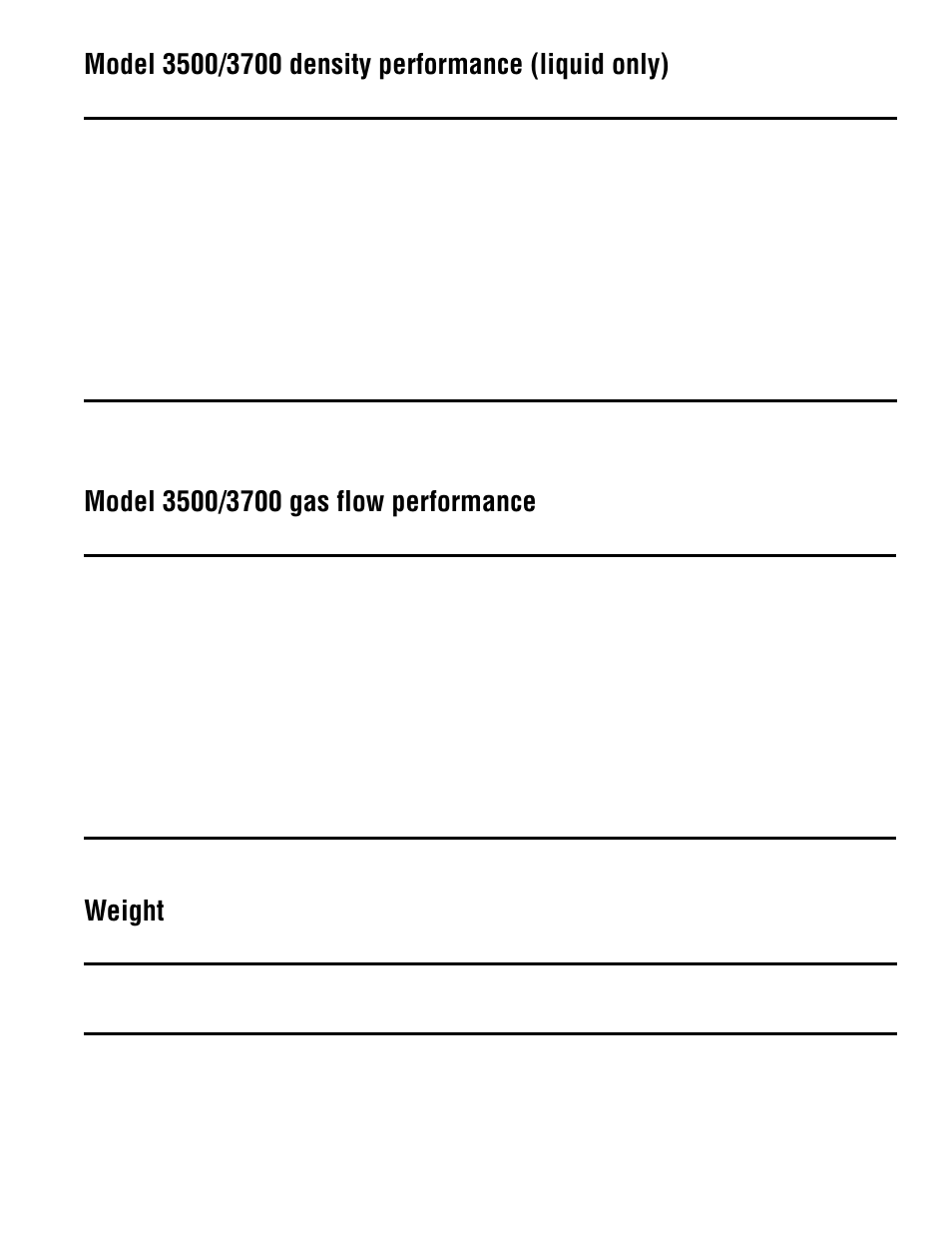 Model 3500/3700 density performance (liquid only), Model 3500/3700 gas flow performance, Weight | Emerson Transmitters and Discrete Controllers Series 3000 User Manual | Page 11 / 28