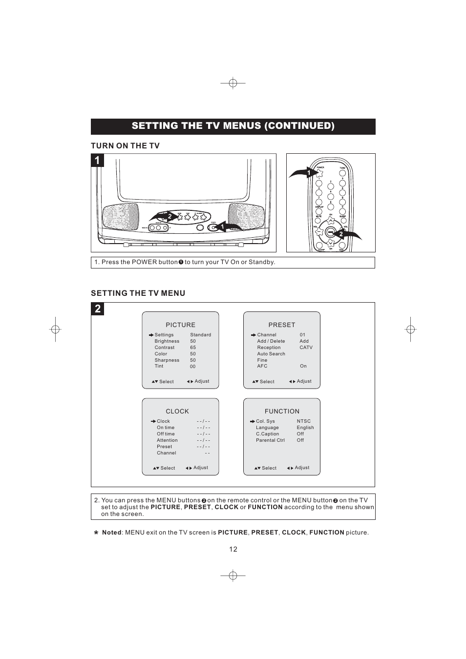 Setting the tv menus (continued), Turn on the tv setting the tv menu | Emerson Radio DTE316 User Manual | Page 13 / 30