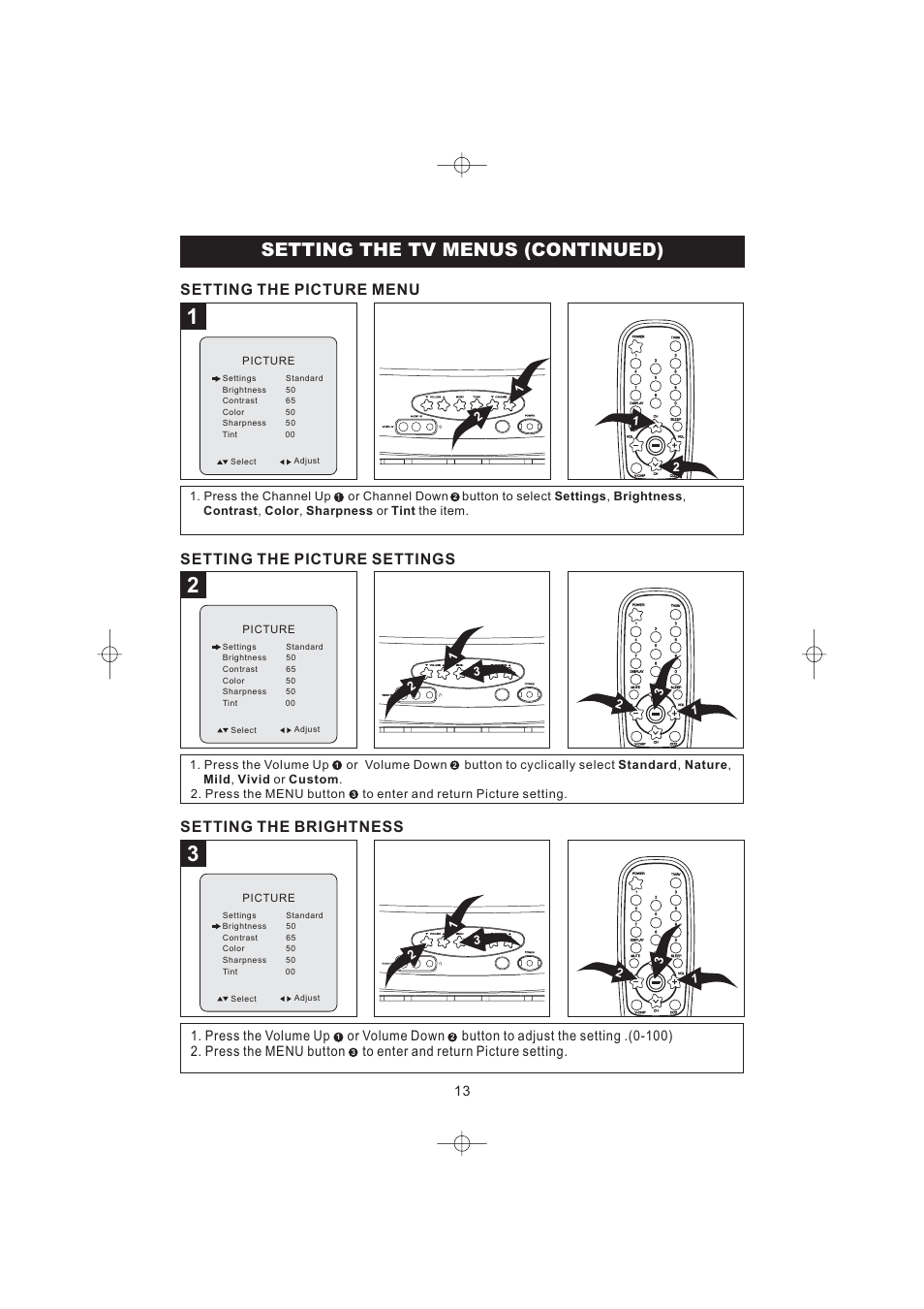 Setting the tv menus (continued), Setting the brightness | Emerson Radio DTE316 User Manual | Page 14 / 30