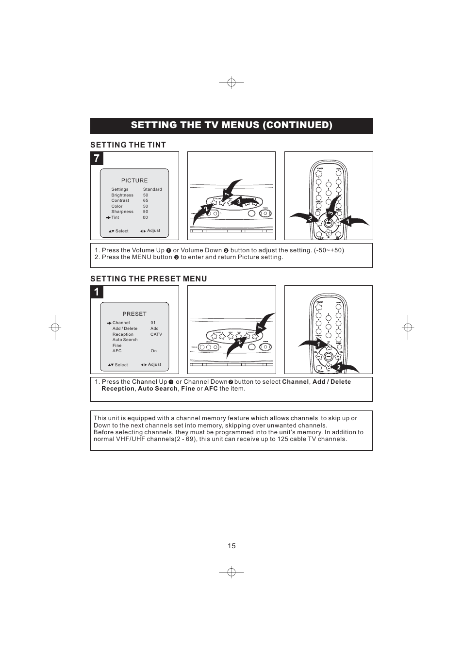 Setting the tv menus (continued), Setting the tint, Setting the preset menu | Emerson Radio DTE316 User Manual | Page 16 / 30