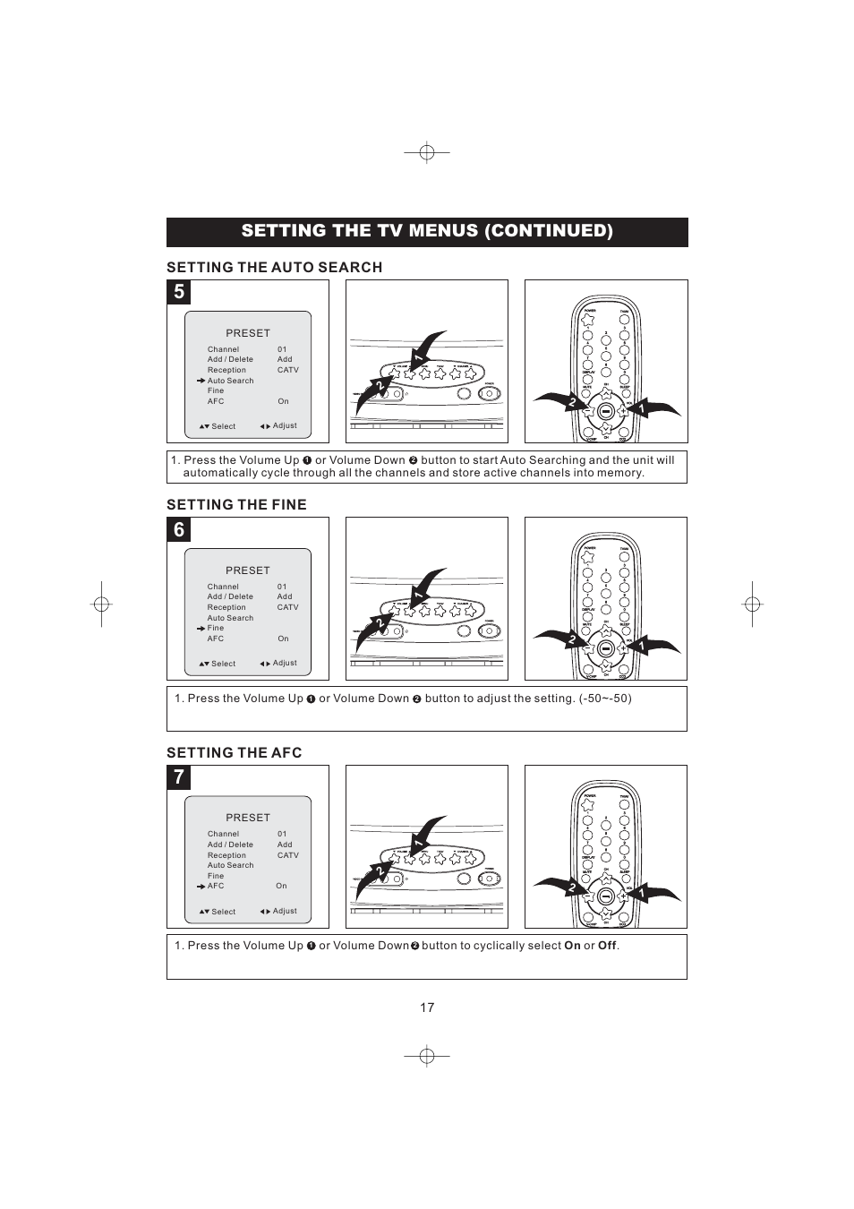 Setting the tv menus (continued), Setting the auto search, Setting the fine setting the afc | Emerson Radio DTE316 User Manual | Page 18 / 30