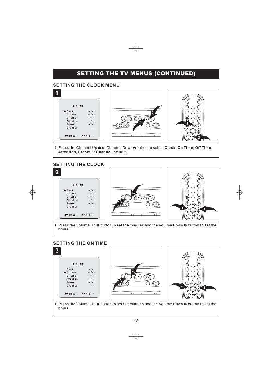 Setting the tv menus (continued), Setting the clock menu, Setting the clock | Setting the on time | Emerson Radio DTE316 User Manual | Page 19 / 30