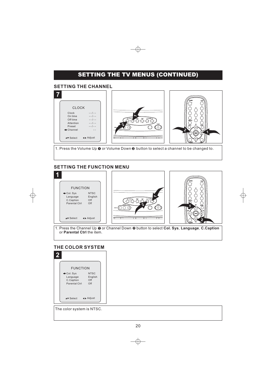 Setting the tv menus (continued), Setting the channel, Setting the function menu the color system | Emerson Radio DTE316 User Manual | Page 21 / 30