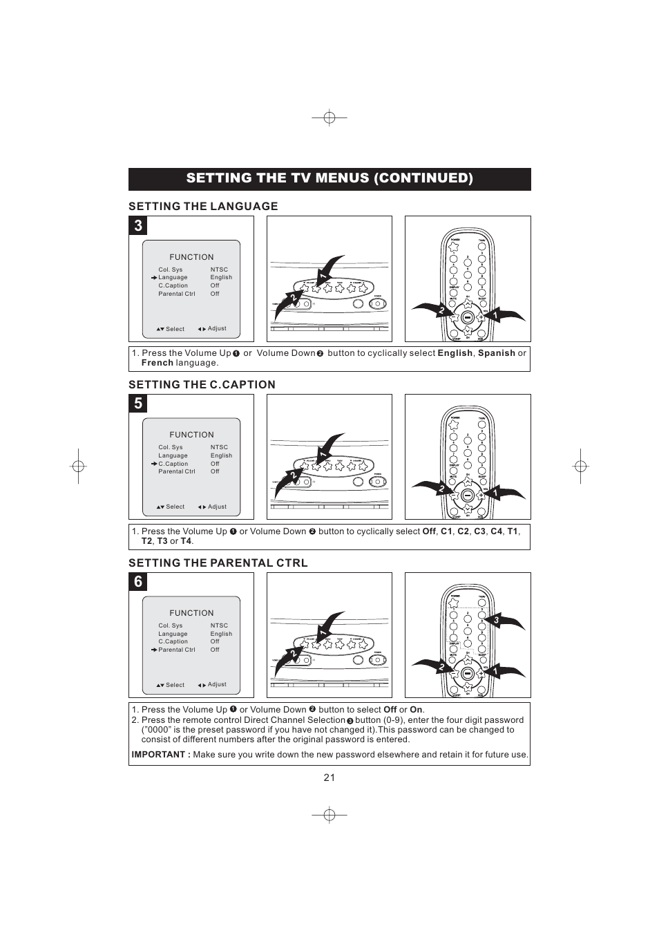 Setting the tv menus (continued), Setting the language, Setting the parental ctrl | Setting the c.caption | Emerson Radio DTE316 User Manual | Page 22 / 30