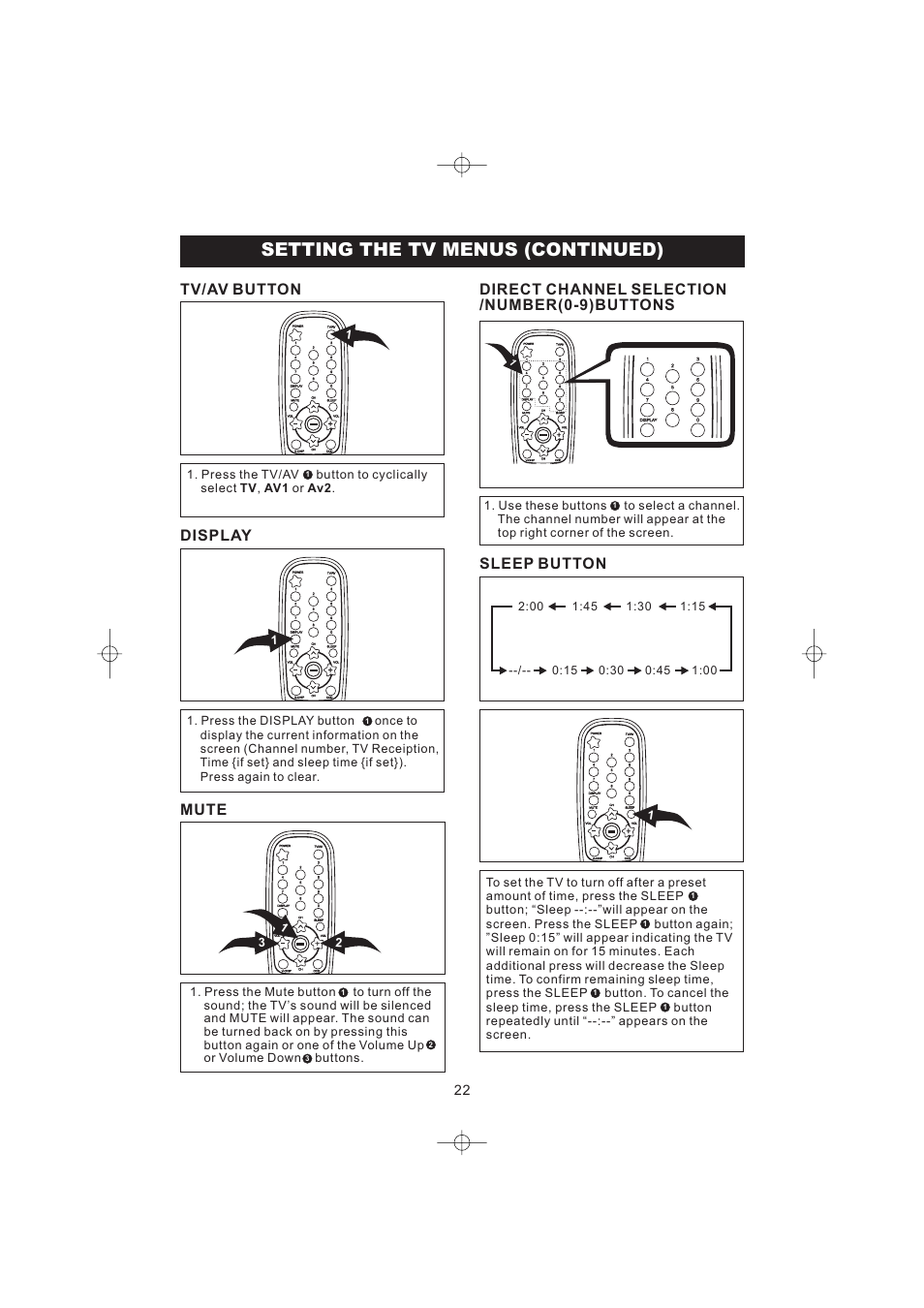 Setting the tv menus (continued), Tv/av button, Sleep button | Display, Mute, Direct channel selection /number(0-9)buttons | Emerson Radio DTE316 User Manual | Page 23 / 30