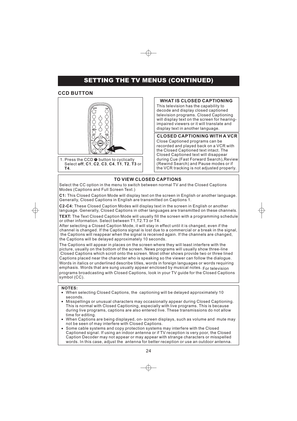 Setting the tv menus (continued), Ccd button | Emerson Radio DTE316 User Manual | Page 25 / 30