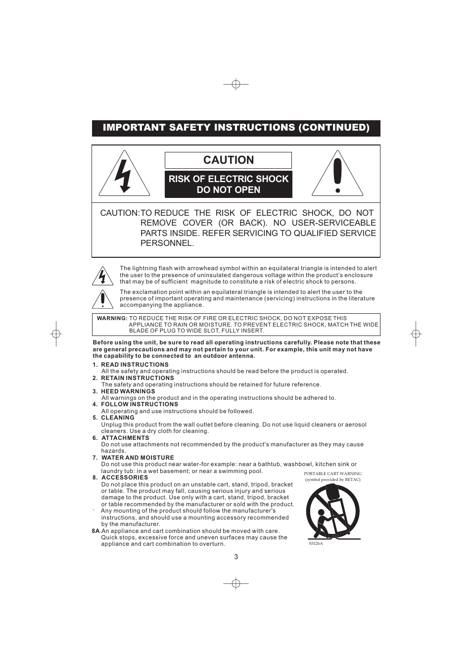 Caution, Important safety instructions (continued), Risk of electric shock do not open | Fall, causin g or tabl e th e r | Emerson Radio DTE316 User Manual | Page 4 / 30