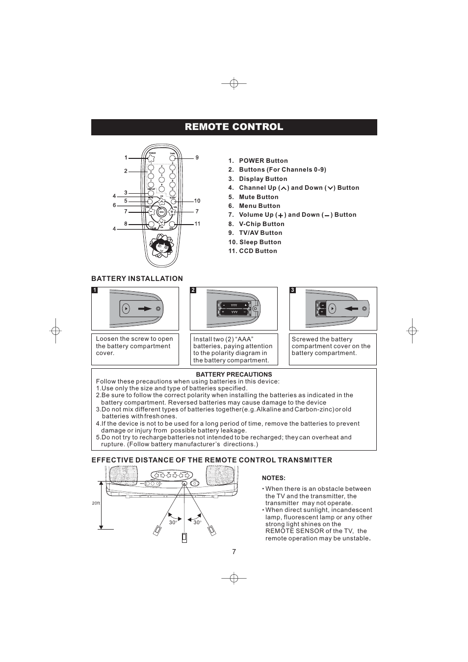 Remote control, 7battery installation | Emerson Radio DTE316 User Manual | Page 8 / 30