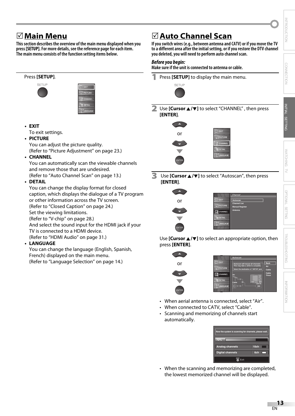 Main menu, Auto channel scan, Before you begin | Emerson LC320EM8A User Manual | Page 13 / 72