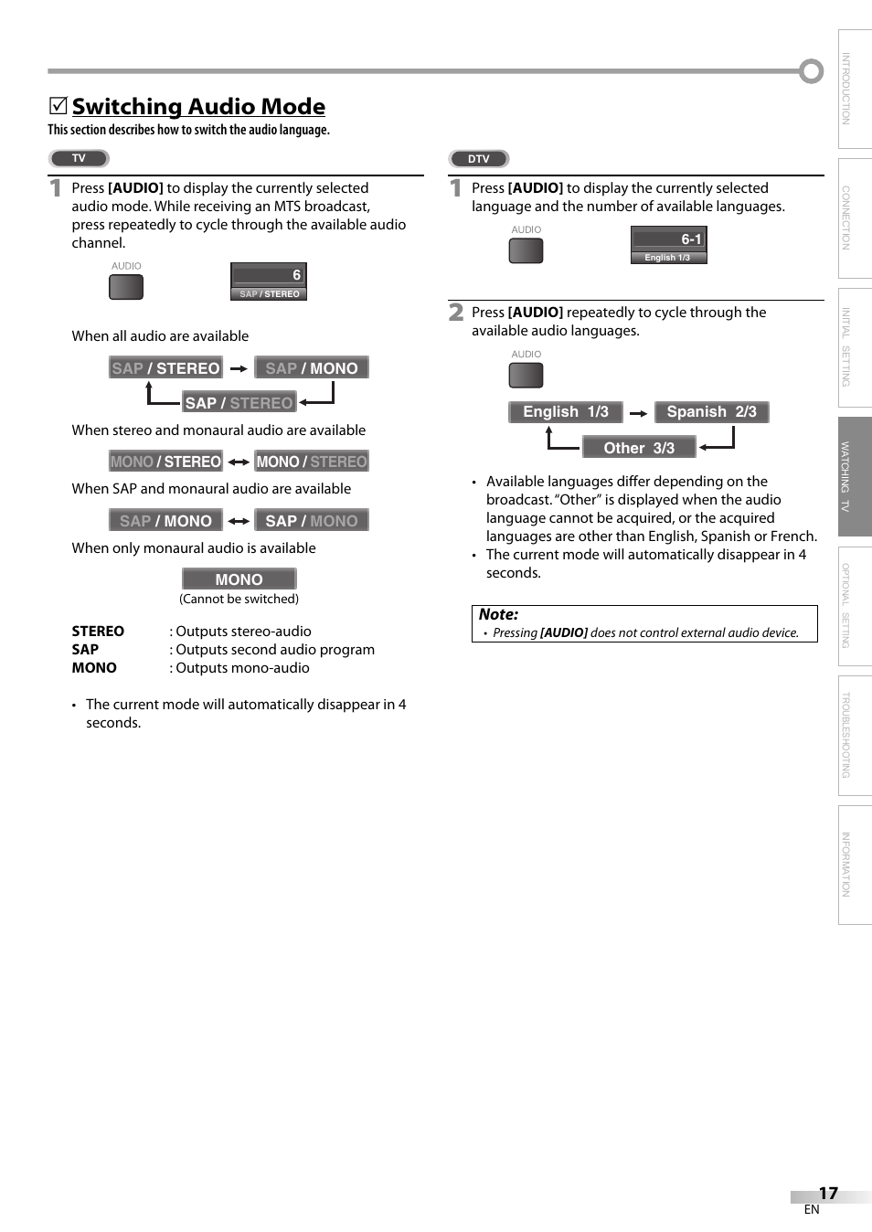 Switching audio mode | Emerson LC320EM8A User Manual | Page 17 / 72