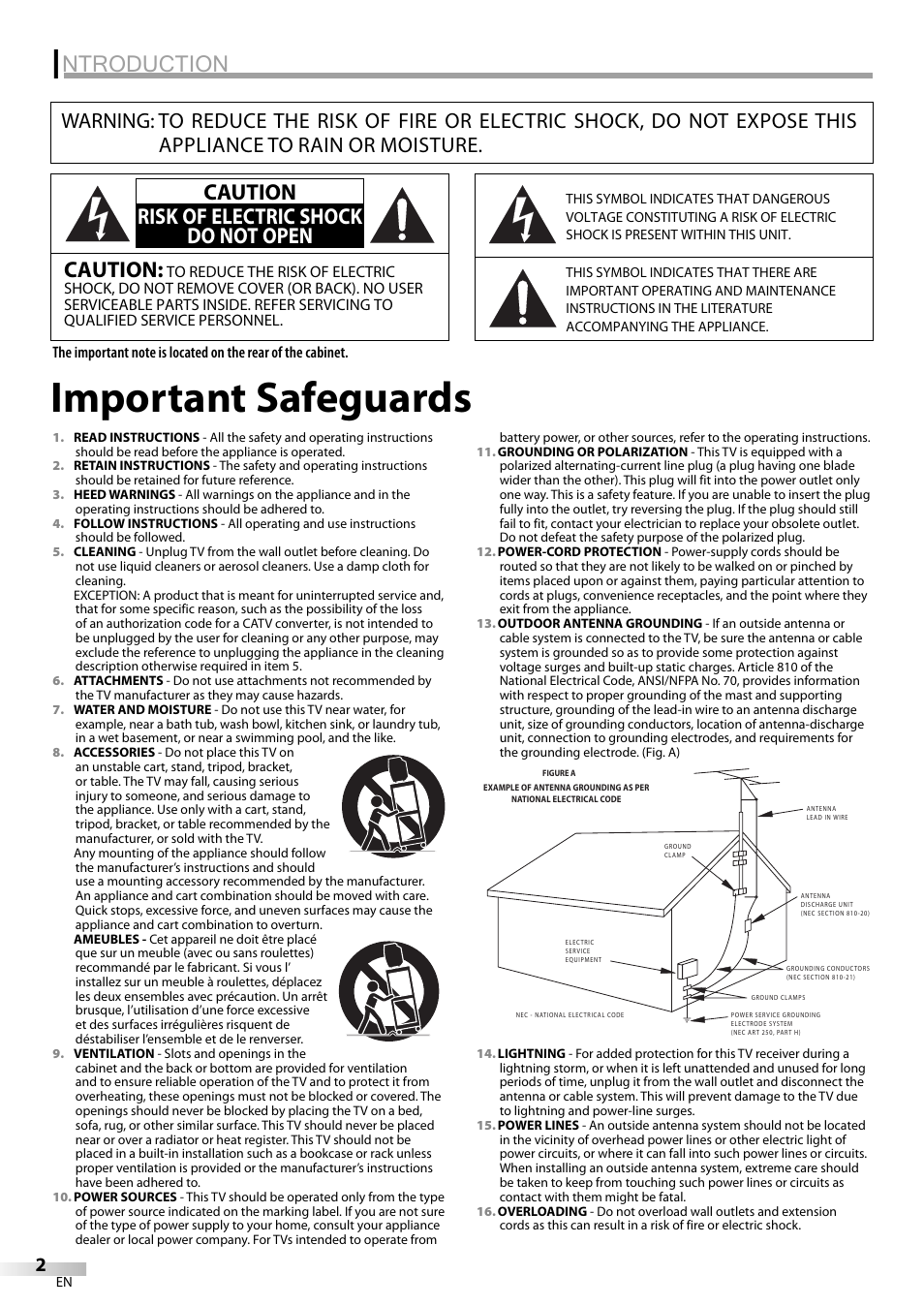 Important safeguards, Ntroduction, Caution | Caution risk of electric shock do not open | Emerson LC320EM8A User Manual | Page 2 / 72