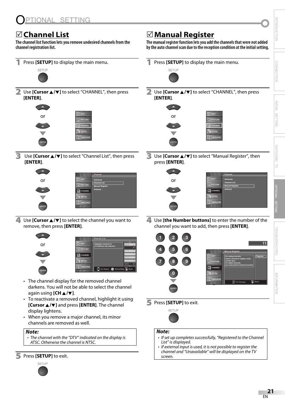 Ptional setting, Channel list, Manual register | Emerson LC320EM8A User Manual | Page 21 / 72