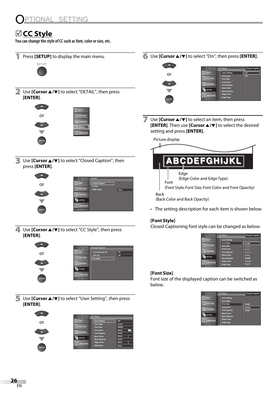 Ptional setting, Cc style, Press [setup] to display the main menu | Emerson LC320EM8A User Manual | Page 26 / 72