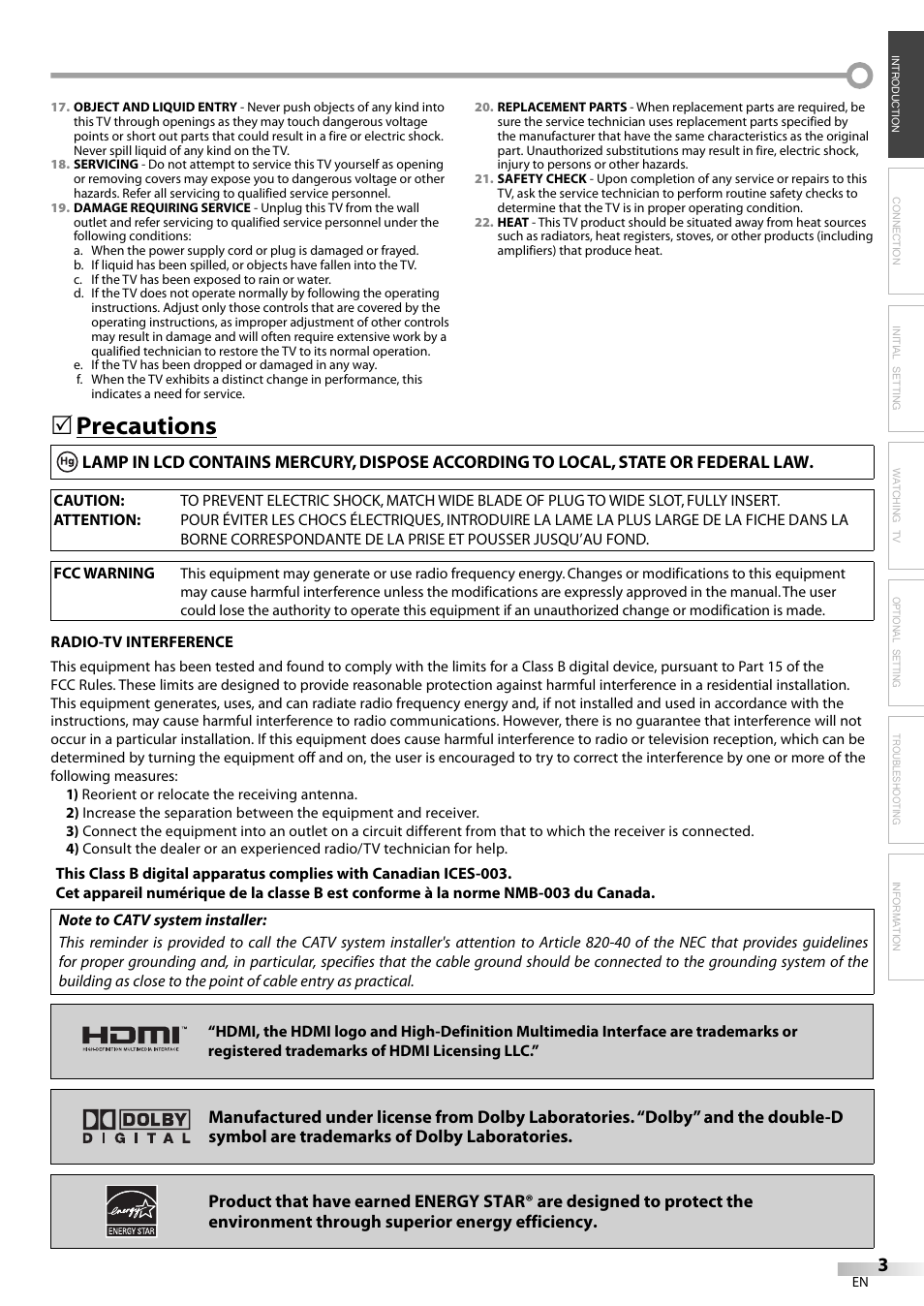 Precautions | Emerson LC320EM8A User Manual | Page 3 / 72