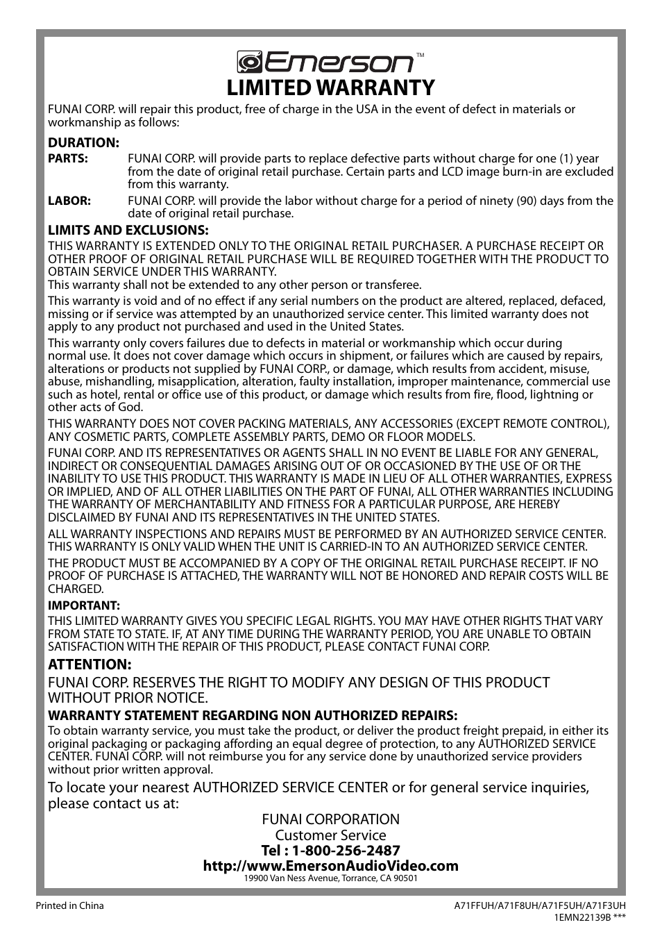 Limited warranty | Emerson LC320EM8A User Manual | Page 36 / 72