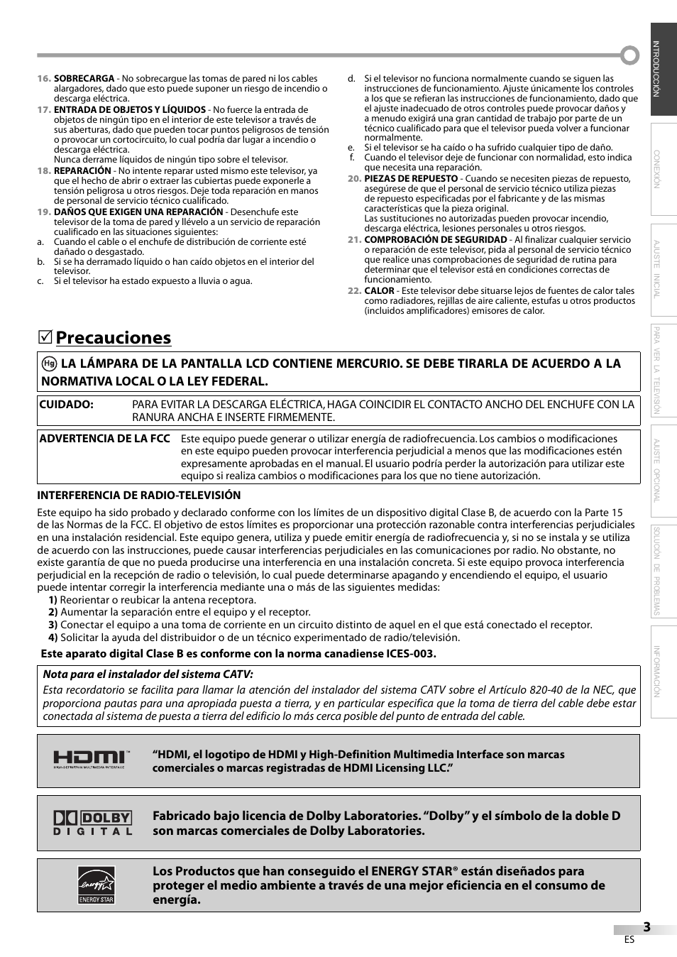 Precauciones | Emerson LC320EM8A User Manual | Page 39 / 72