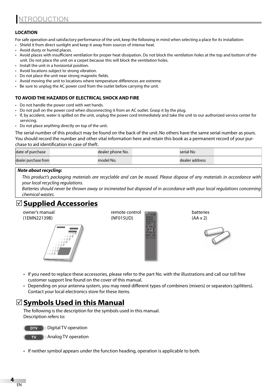 Ntroduction, Symbols used in this manual, Supplied accessories | Emerson LC320EM8A User Manual | Page 4 / 72