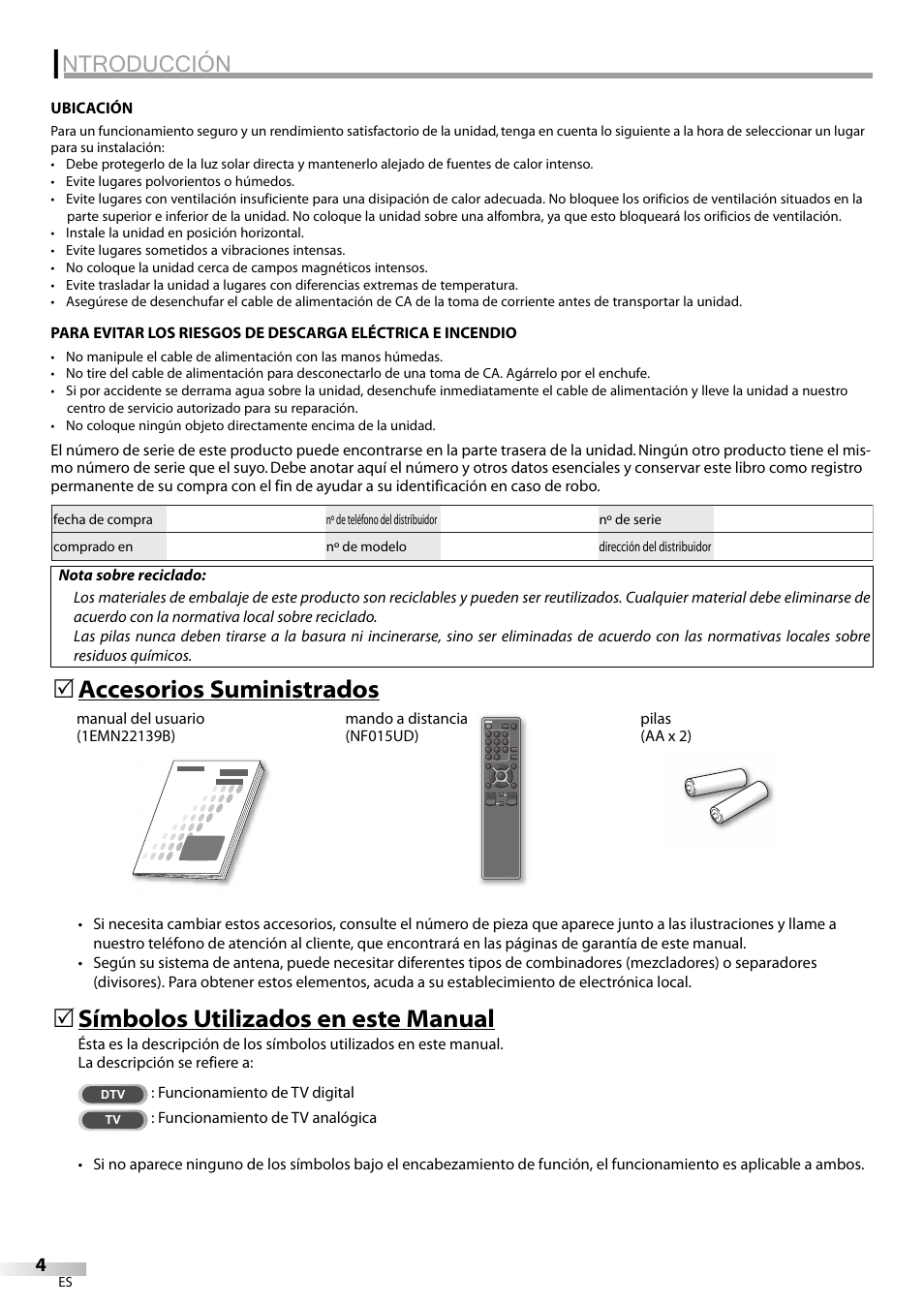 Ntroducción, Símbolos utilizados en este manual, Accesorios suministrados | Emerson LC320EM8A User Manual | Page 40 / 72