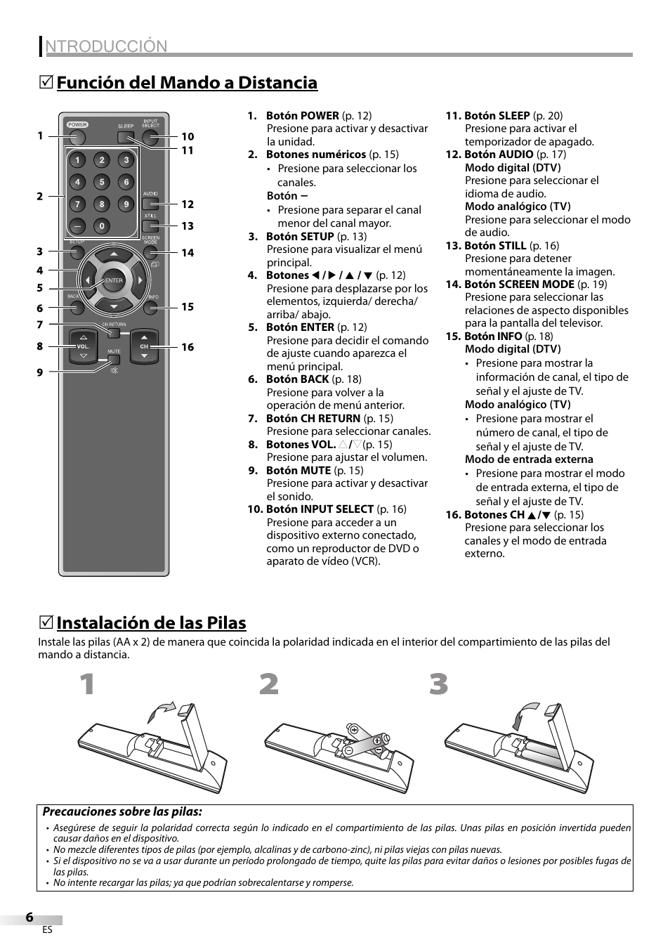 Ntroducción, Función del mando a distancia 5, Instalación de las pilas | Emerson LC320EM8A User Manual | Page 42 / 72
